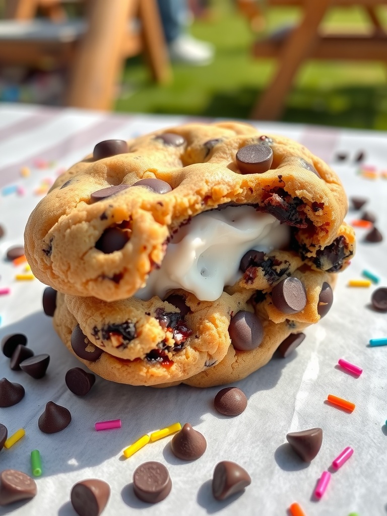 Decadent Chocolate Chip Cookie Ice Cream Sandwiches Close-up of a chocolate chip cookie ice cream sandwich melting slightly, on a picnic table with sprinkles and chips.